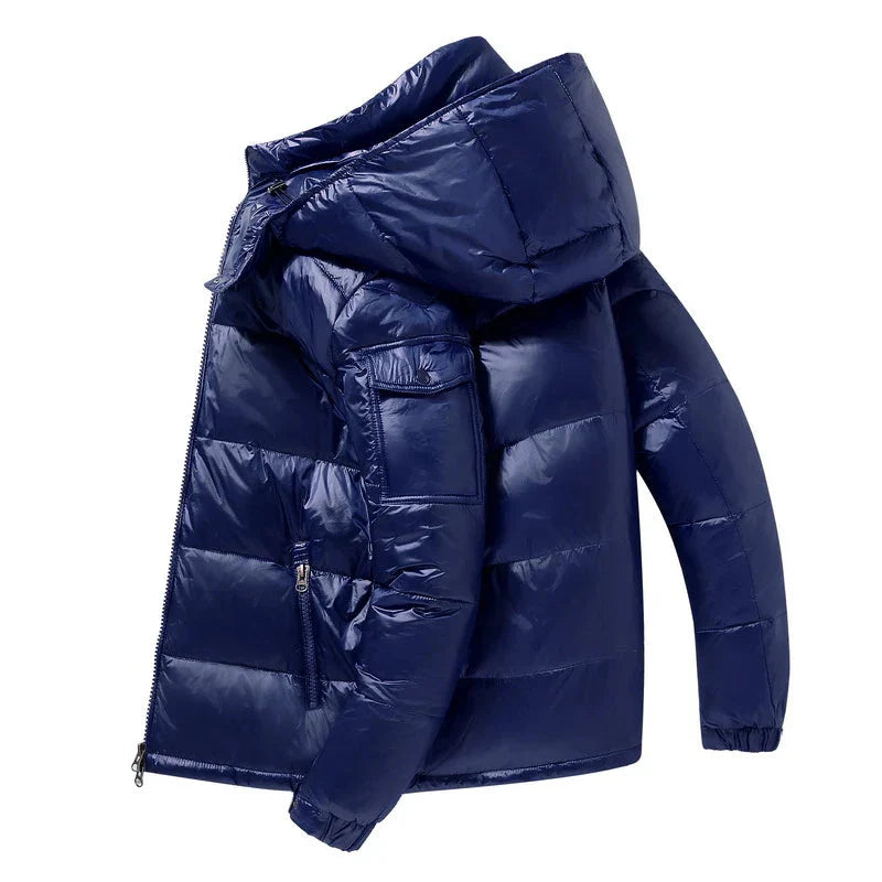 Doudoune courte à capuche brillante pour homme