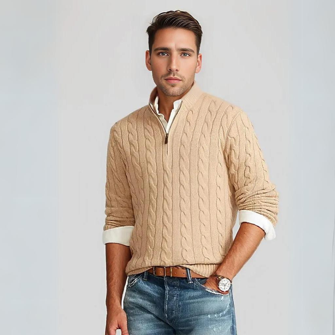 Pull pour homme, col zippé, maille torsadée