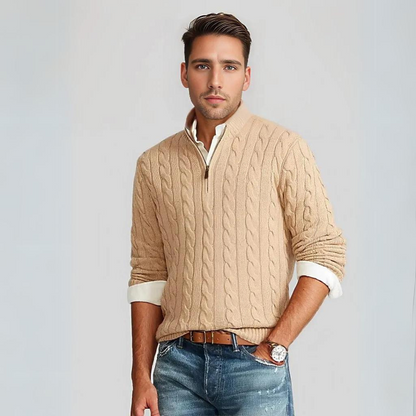 Pull pour homme, col zippé, maille torsadée