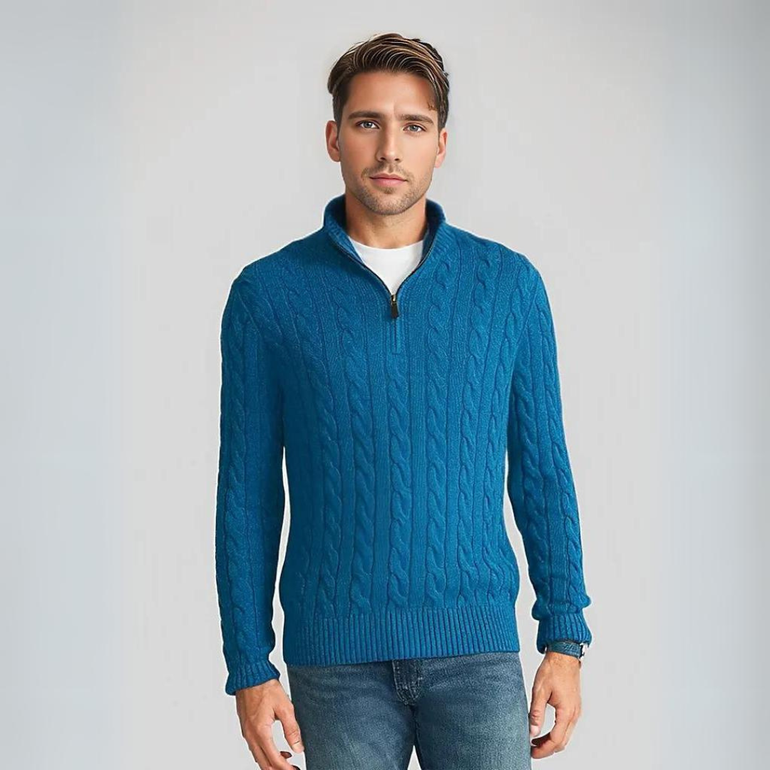 Pull pour homme, col zippé, maille torsadée