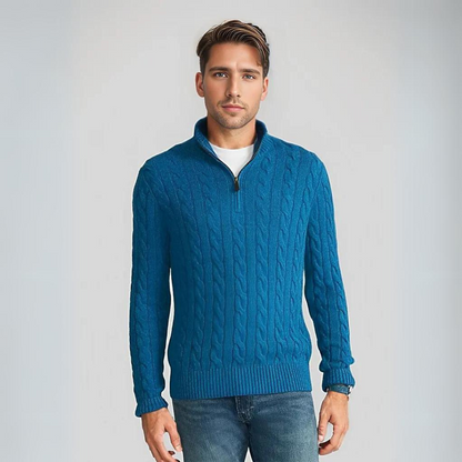 Pull pour homme, col zippé, maille torsadée