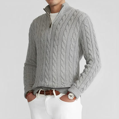 Pull pour homme, col zippé, maille torsadée