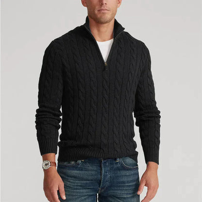 Pull pour homme, col zippé, maille torsadée