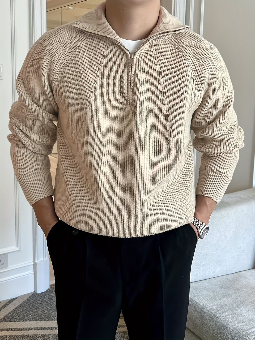 Herren Pullover Langarm Warm Halb-Reißverschluss - IdealeKleiden