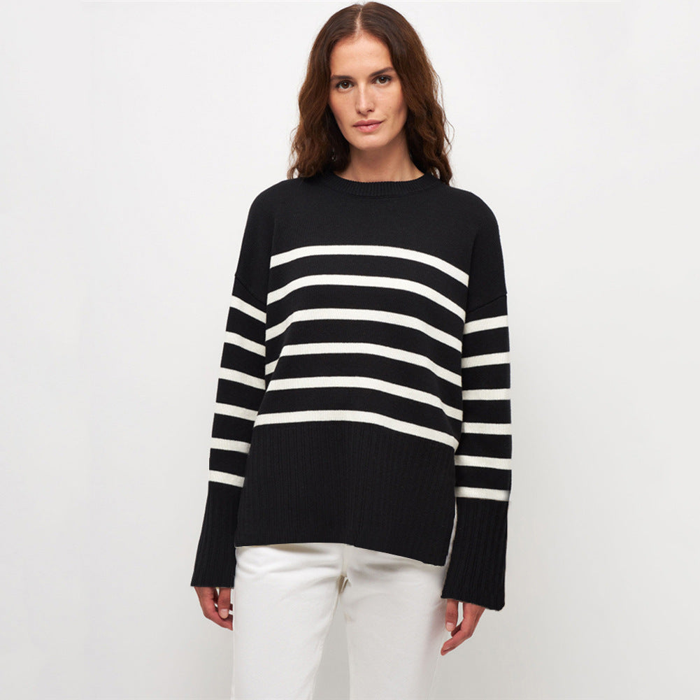 Damen Oversized Pullover Streifen Herbst Winter - IdealeKleiden