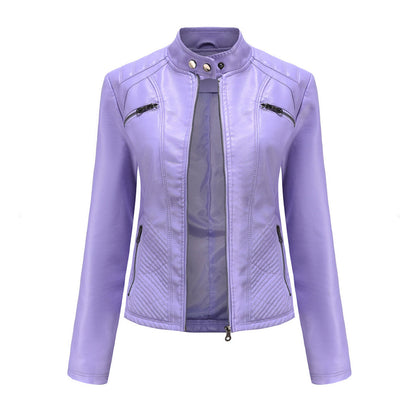 Veste en cuir style motard col montant aspect côtelé