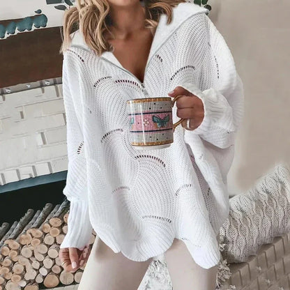 Pull ample pour femme, col V, fermeture éclair