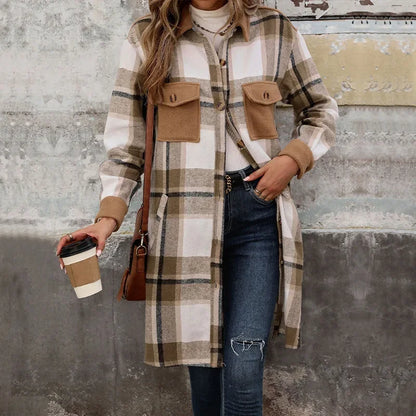 Veste matelassée longue à carreaux pour femme avec poches