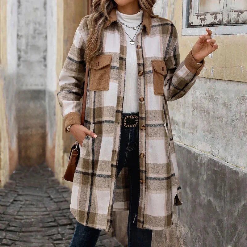 Damen Lange Karierte Steppjacke Mit Taschen - IdealeKleiden
