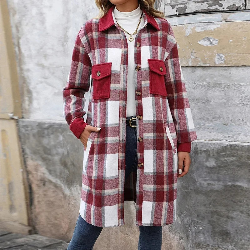Veste matelassée longue à carreaux pour femme avec poches
