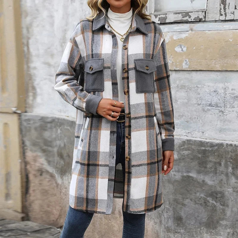 Veste matelassée longue à carreaux pour femme avec poches