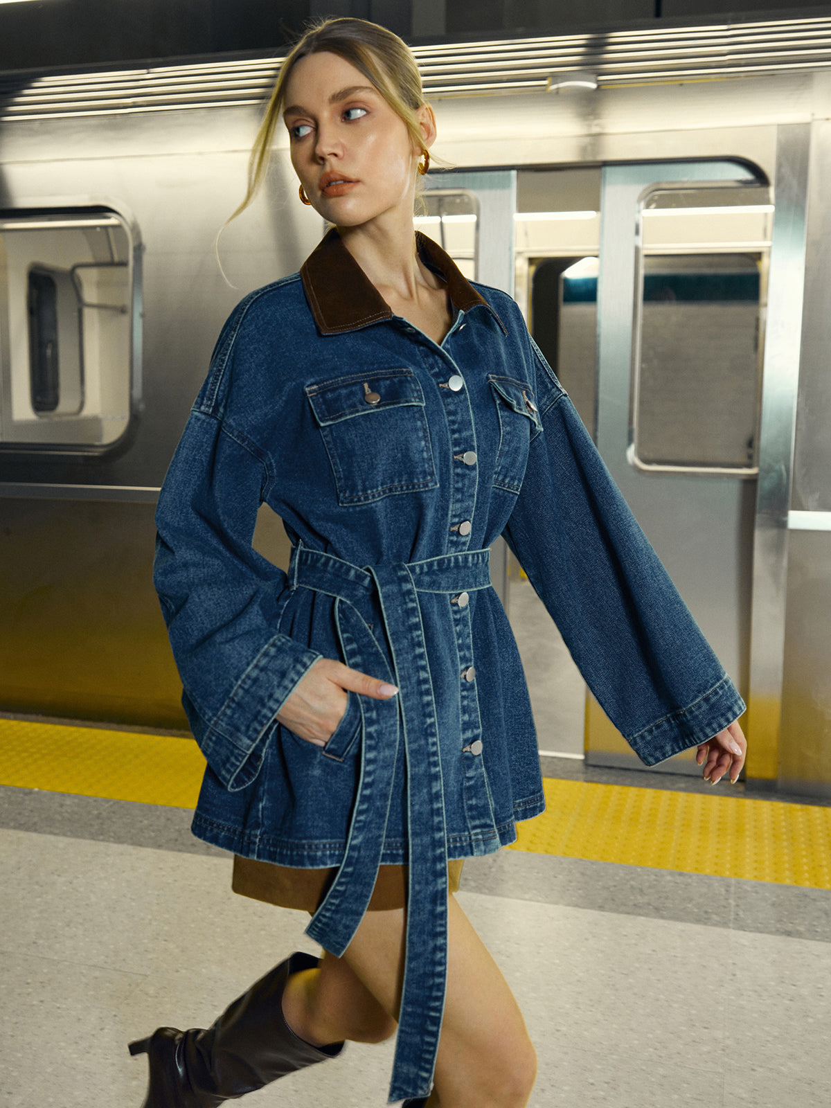 Veste en jean femme tendance avec ceinture et poches