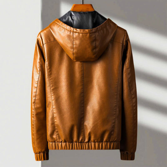 Stylische Lederjacke Mit Kapuze - IdealeKleiden