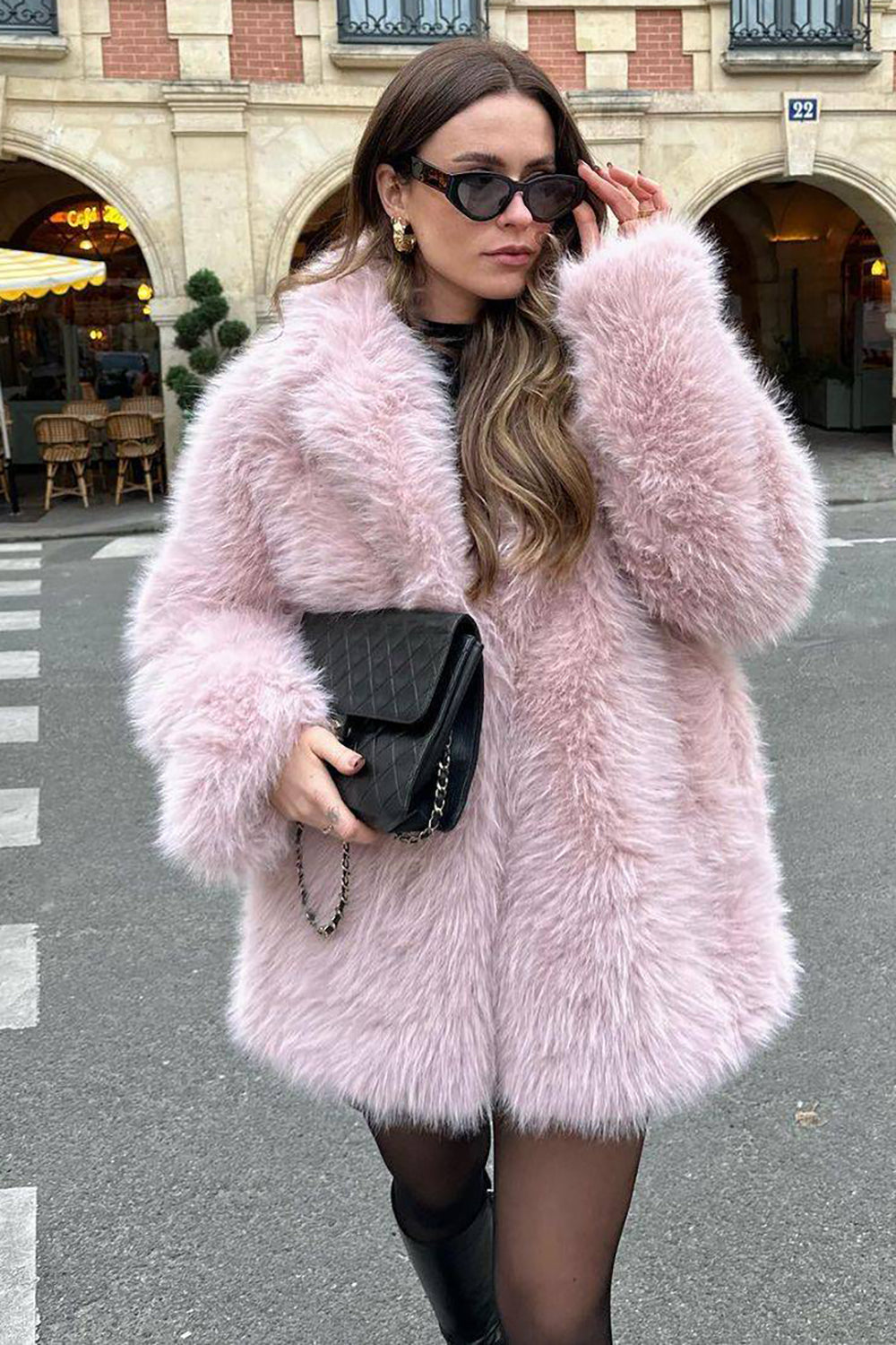 Veste longue en fausse fourrure rose douce pour femme, ouverte