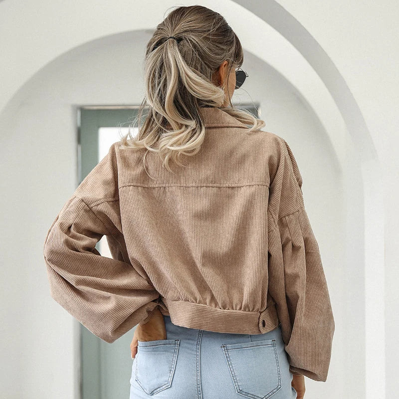 Modische Damenjacke Cord Velours Kurz - IdealeKleiden