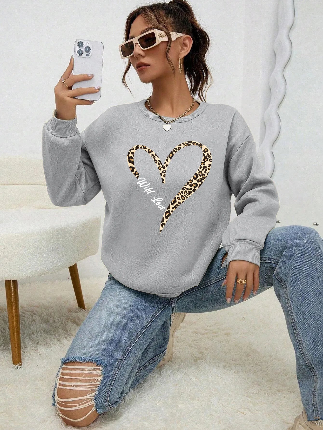 Sweat-shirt tendance à capuche Motif cœur léopard Femme