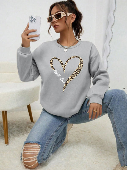 Sweat-shirt tendance à capuche Motif cœur léopard Femme