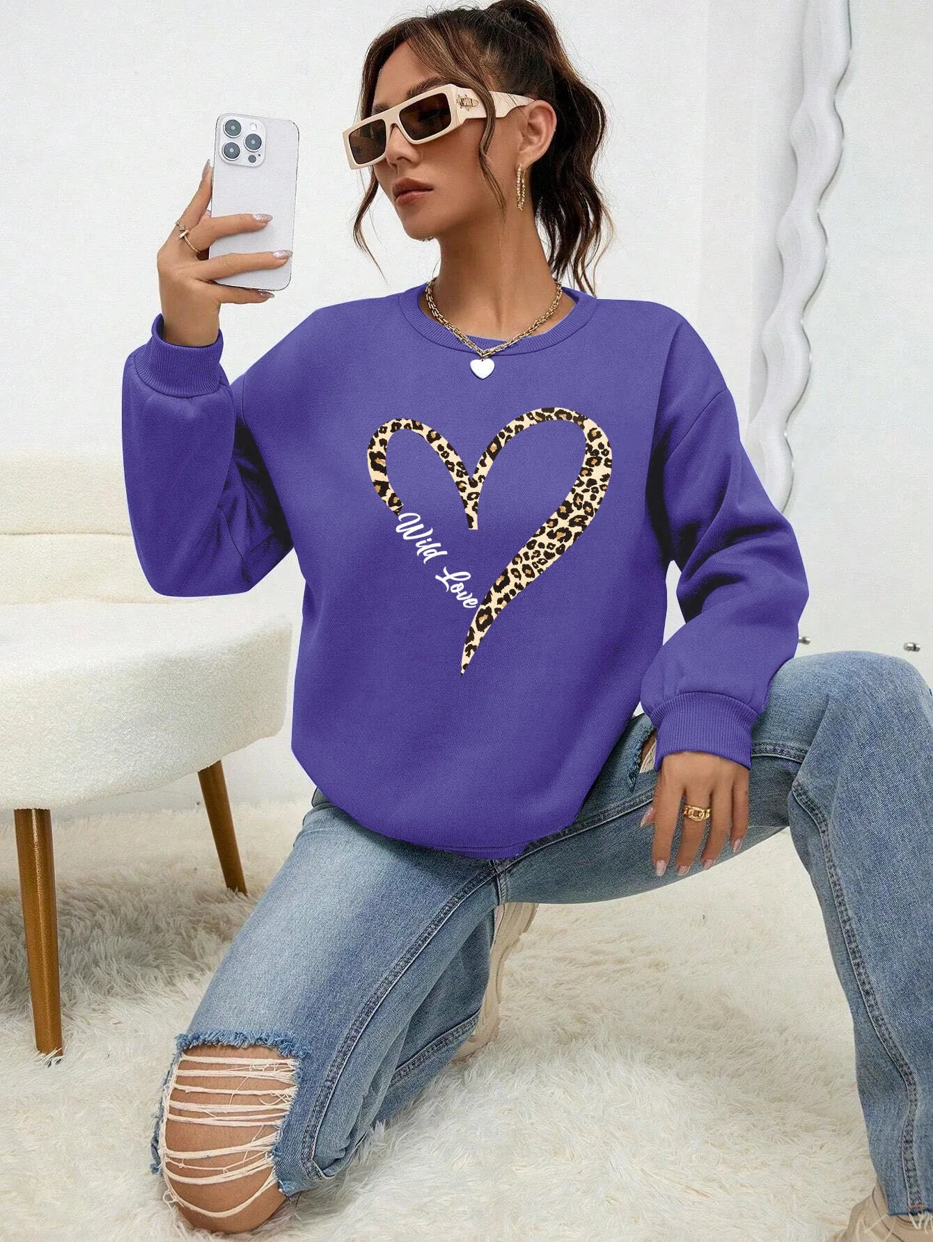 Sweat-shirt tendance à capuche Motif cœur léopard Femme