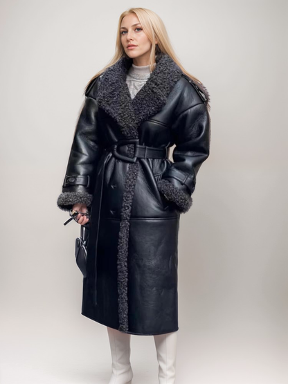 Manteau élégant imitation cuir bordure fourrure chaud et chic