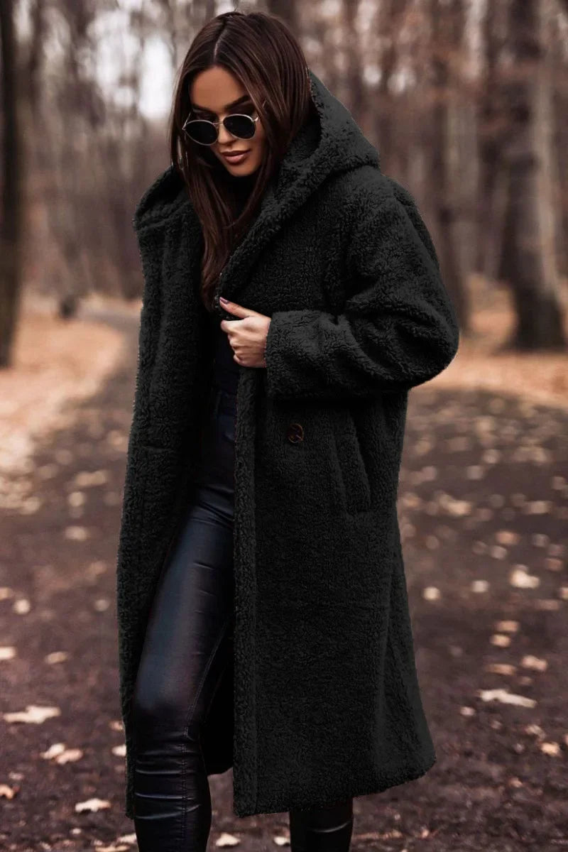 Manteau d'hiver pour femme avec capuche, long et doux
