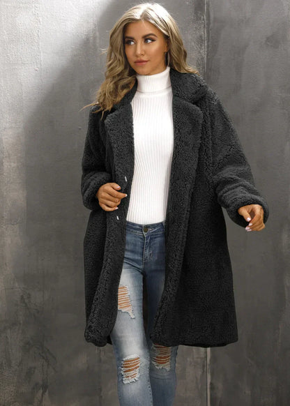 Manteau en peluche doux grande taille mi-long avec col