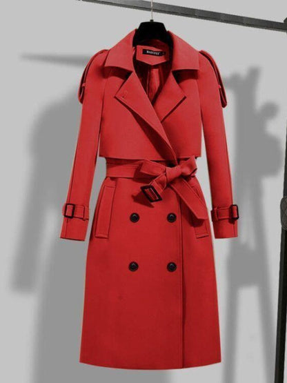 Élégant trench-coat long pour femme, double doublure, ceinture