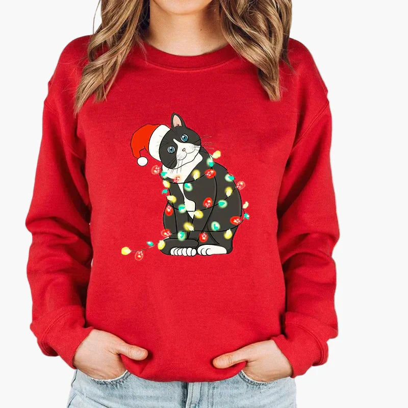 Pull de Noël chat guirlande lumineuse - Pull chat drôle Hiver