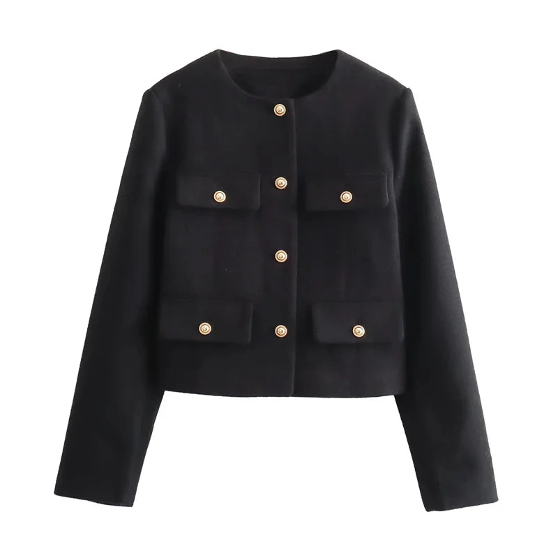 Élégante veste pour femme, tissu bouclé, boutons dorés