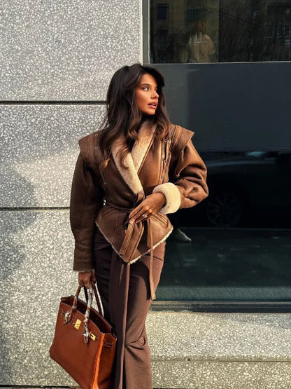 Veste en cuir marron ornée de fourrure avec ceinture