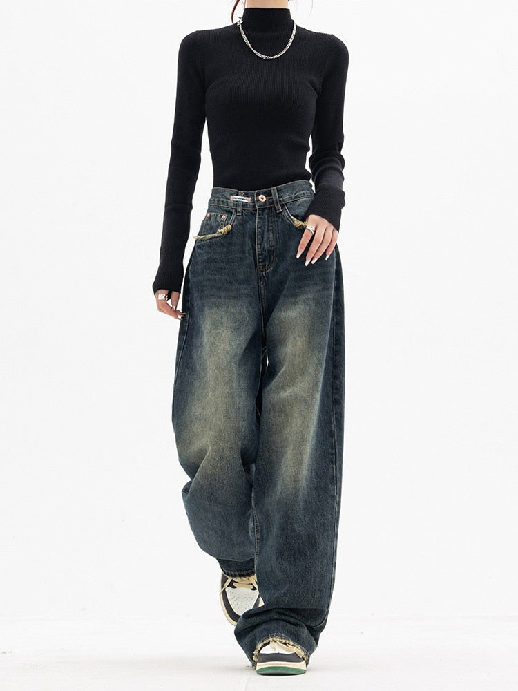 Damen Jeans Weite Bein Freesize Gewaschen - IdealeKleiden