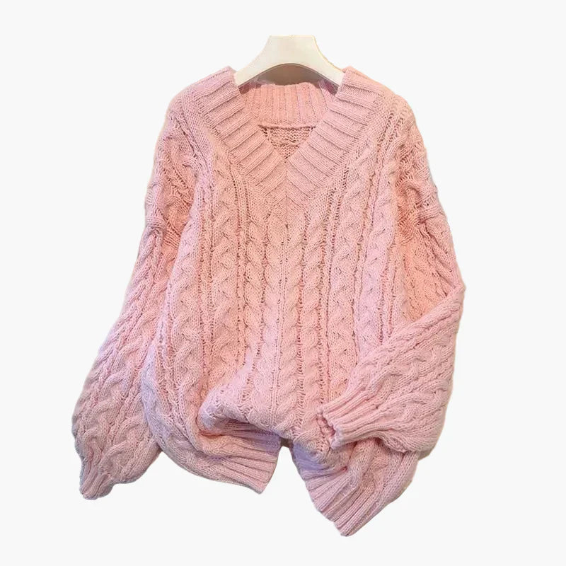 Pull en grosse maille col V motif torsadé hiver