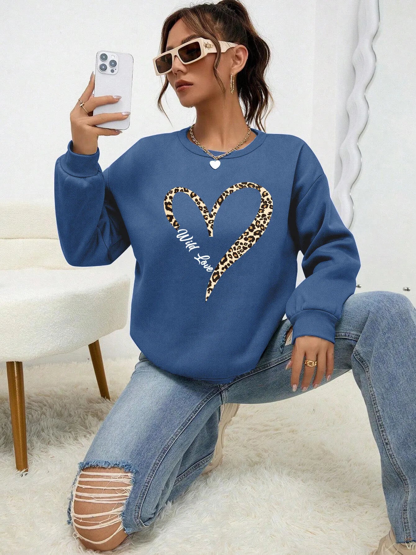 Sweat-shirt tendance à capuche Motif cœur léopard Femme