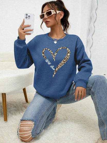 Sweat-shirt tendance à capuche Motif cœur léopard Femme