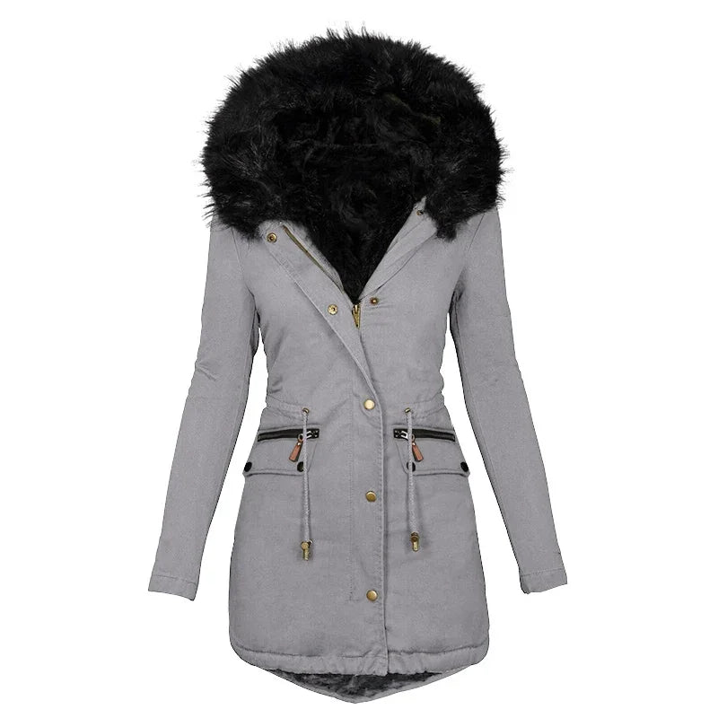 Veste d'hiver souple femme capuche col fourrure
