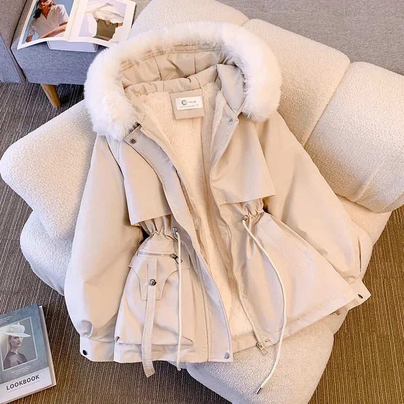 Robe Tendance Mi-longue Capuche Fourrure Synthétique Ajustable