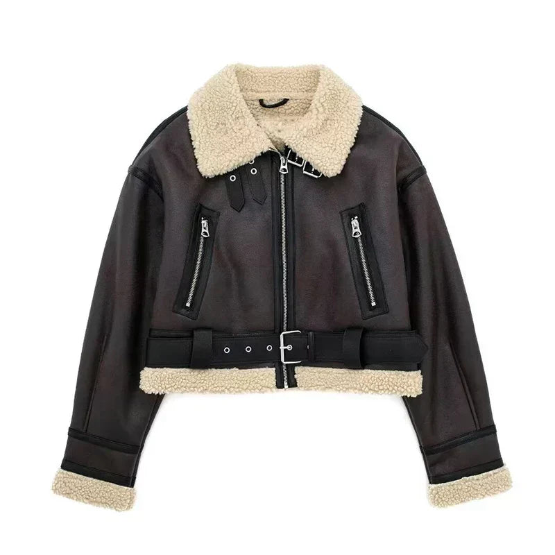 Blouson peau de mouton femme Oversize Doublure laine chaude Fermeture éclair