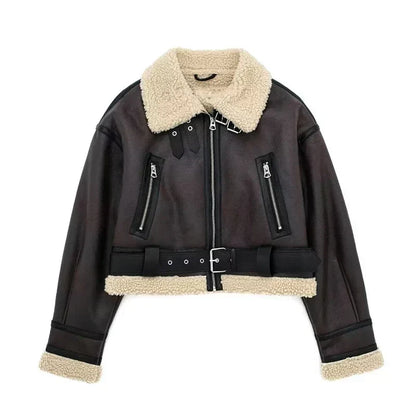Blouson peau de mouton femme Oversize Doublure laine chaude Fermeture éclair