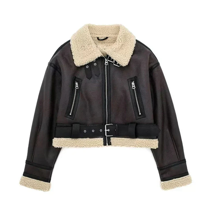 Blouson peau de mouton femme Oversize Doublure laine chaude Fermeture éclair