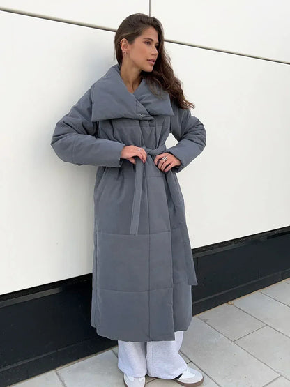 Parka d'hiver matelassé long pour femme avec ceinture