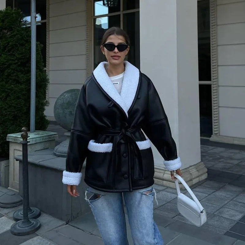 Élégante veste en cuir avec bordure en fourrure