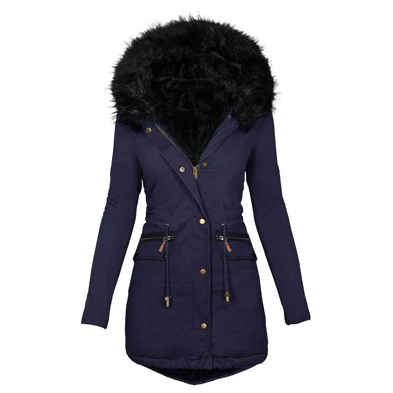 Veste d'hiver souple femme capuche col fourrure