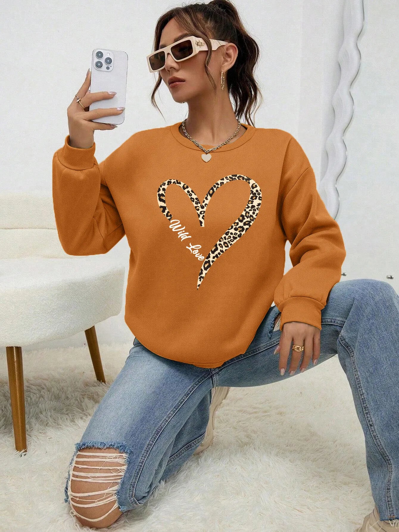 Sweat-shirt tendance à capuche Motif cœur léopard Femme