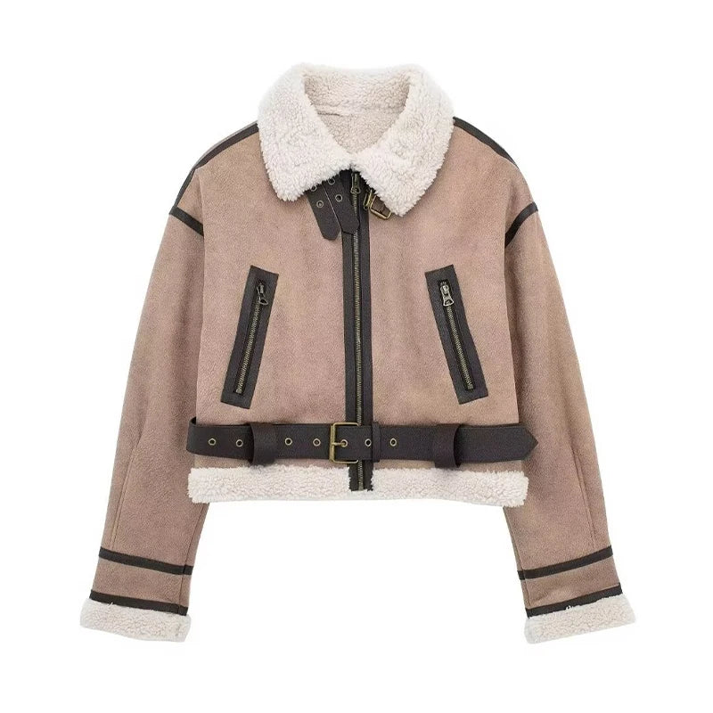 Blouson peau de mouton femme Oversize Doublure laine chaude Fermeture éclair