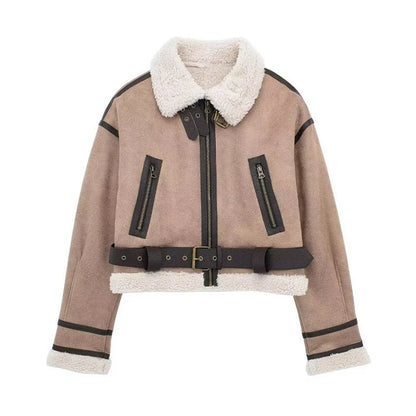 Blouson peau de mouton femme Oversize Doublure laine chaude Fermeture éclair