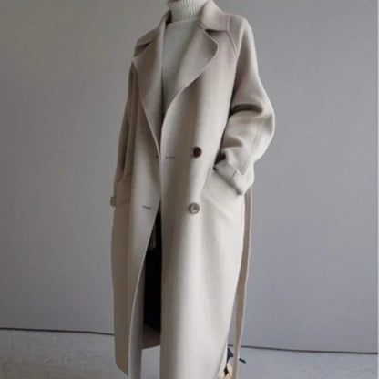 Élégant manteau long en laine pour femme avec ceinture à la taille