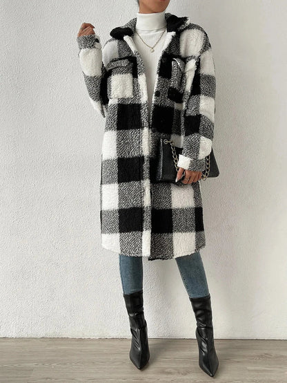 Manteau long en polaire à carreaux chaud