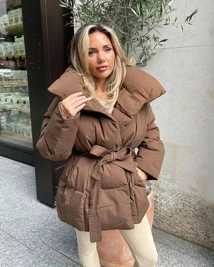 Doudoune femme marron oversize ceinture