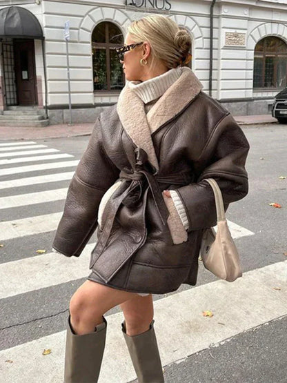 Élégant manteau en cuir d'hiver pour femme avec ceinture