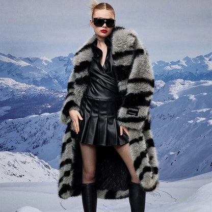 Manteau de fourrure long pour femme à imprimé animal - Mode hiver de luxe