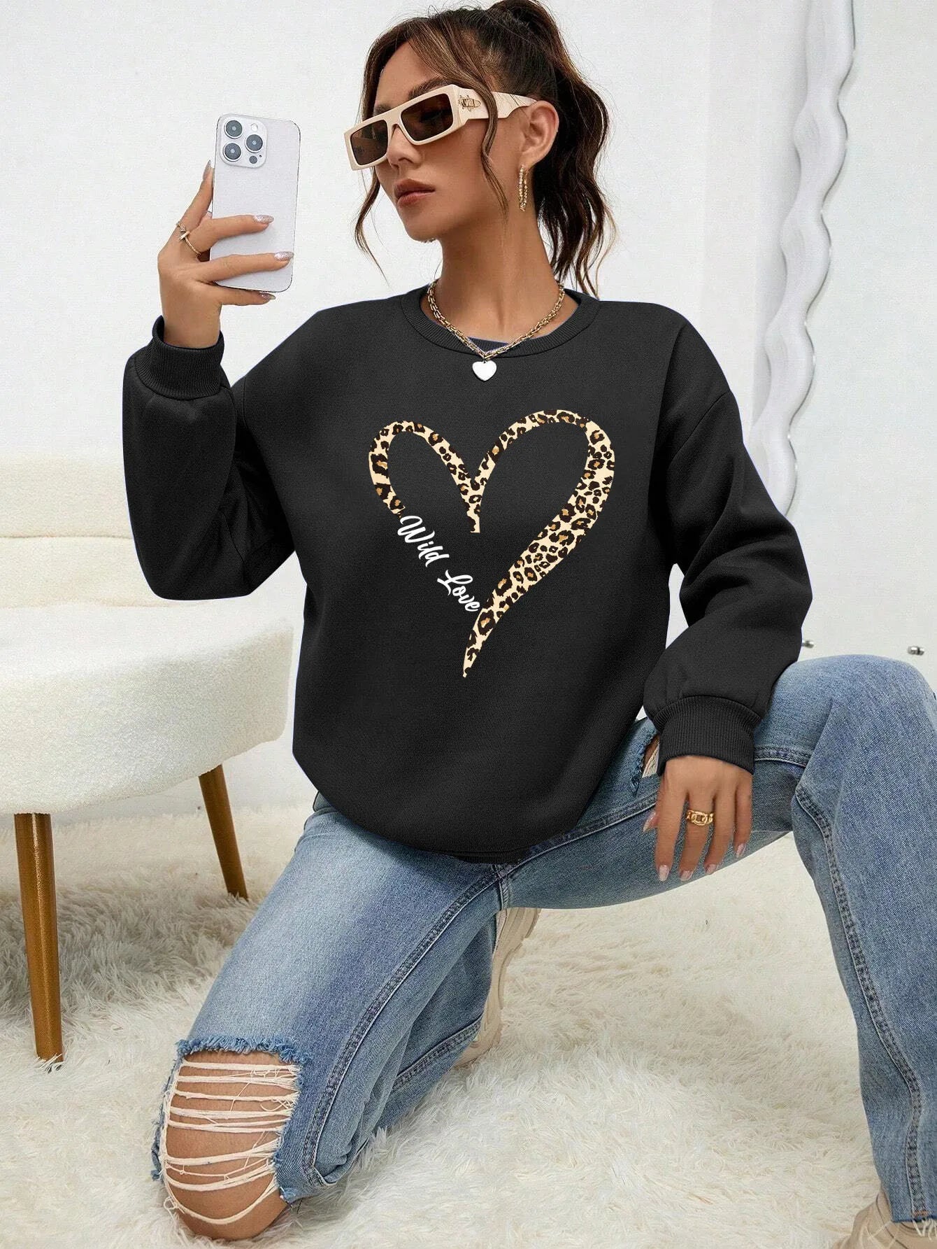 Sweat-shirt tendance à capuche Motif cœur léopard Femme